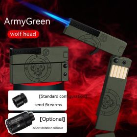 Folding Cigarette Case Windproof Lighter Personalized Gun-type Inflatable Blue Flame Lighter (Option: Army Green Wolf Head-Standard)